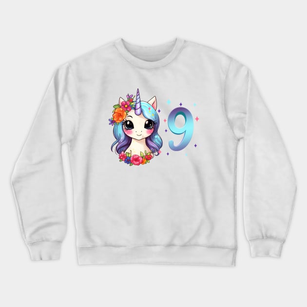 I am 9 with unicorn - girl birthday 9 years old Crewneck Sweatshirt by Modern Medieval Design